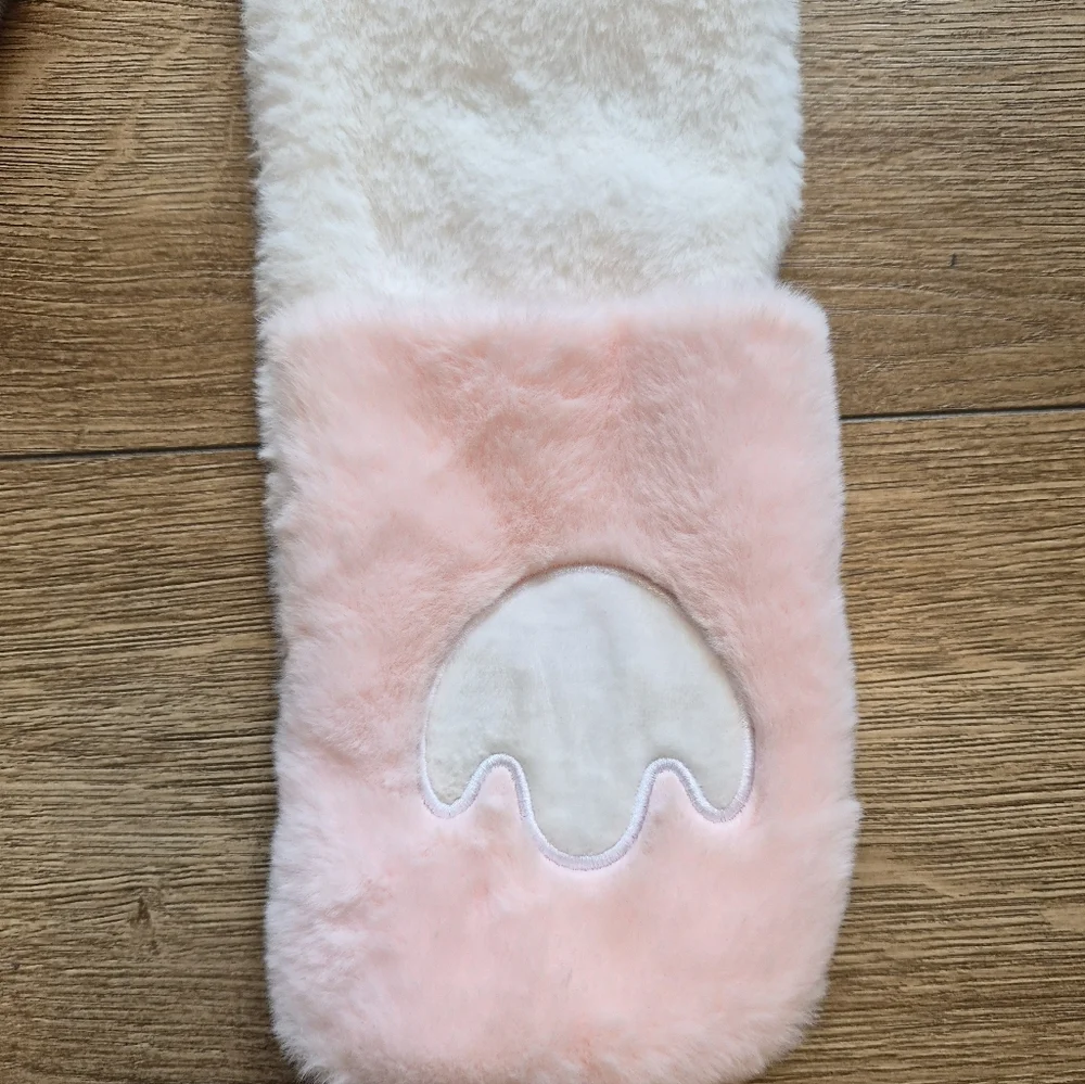 Pink White Plush Bear Hat Scarf Mittens 3 in 1 Hooded Pocket Scarf OS One Size